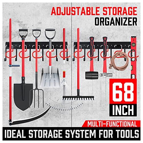 SEDY 68" All Metal Garden Tool Organizer Hooks - Garage Wall Organizer Sturdy Garden Tool Storage System Yard Tool Garage Tool Organizer Wall Mount Shed Organization Shovel Broom Rake Holder - style: 68" All Metal Garden Tool Organizer Hooks