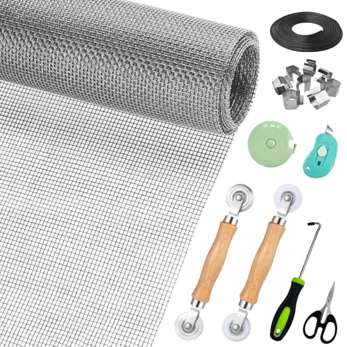 Window Screen Replacement,Screen Door Repair Kit, 48"x178" Grey Window Screen Mesh,Including 50 FT Splines+Hooks+2 Rollers+8 Clips+Scissors+Knife+Tape Measure,Fully Equipped Window Screen Repair Kit - color: Gray, size: 48"x178"