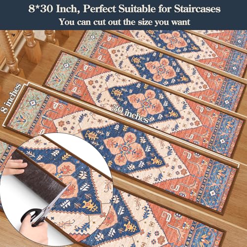 Lahome Stair Treads Non Slip 15 Pack 8" X 30" Stair Treads for Wooden Steps, Washable Self Adhesive Stair Runners Stain Resistant Stair Carpet, Edging Stair Rug for Kids, Elders and Dogs Dorie, Rust - color: Rust