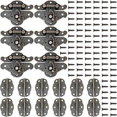 Small Hinges for Wooden Box 6 Pieces Decorative Latch Repair Kit - Jewelry Box Hinges Buckle Wooden Box Latch Decorative Hasp Latch with 12 Antique Bronze Engraved Designs Hinge and 100 Screws - color: K5_2