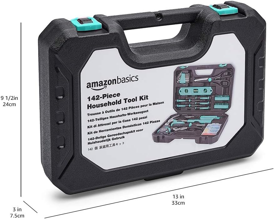 Amazon Basics 142-Piece Household Tool Kit for Home Repair, Hand Tools with Storage Case, 13.39 x 9.25 x 2.95 inch, Turquoise - color: Turquoise