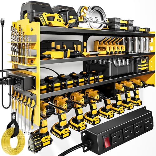 POKIPO Large Power Tool Organizer Wall Mount with Charging Station,4 Layer Heavy Duty Metal Storage Rack Loads 600lbs with 8 Cordless Drill Holder,Battery Utility Rack Gift for Garage workshops Room - color: Yellow, size: Large with Power Station