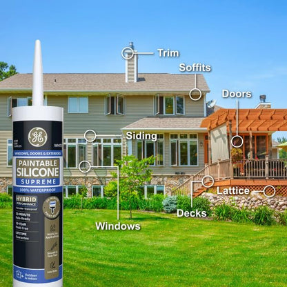 GE Supreme Paintable Silicone Caulk for Window & Door, White, 9.5 fl oz Cartridge, 1 Pack - 100% Waterproof Silicone Sealant, 7X Stronger Adhesion, Freeze & Sun Proof - size: Pack of 1
