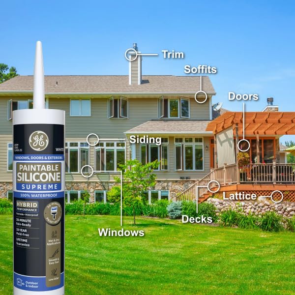 GE Supreme Paintable Silicone Caulk for Window & Door, White, 9.5 fl oz Cartridge, 12 Pack - 100% Waterproof Silicone Sealant, 7X Stronger Adhesion, Freeze & Sun Proof - size: Pack of 12