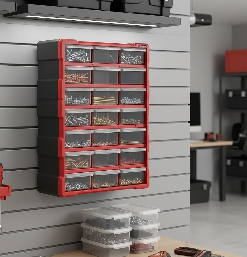 INTERTOOL Small Parts Organizer for Hardware & Screws | 18 Removable Bins with Dividers | Wall Mount or Desktop Craft & Lego Storage Cabinet | 19” x 15” x 7” BX08-4019 - style: 18 Drawers