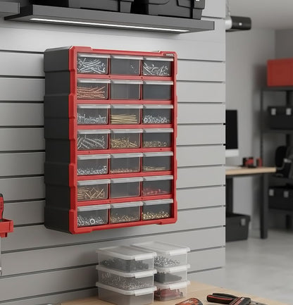 INTERTOOL Small Parts Organizer for Hardware & Screws | 18 Removable Bins with Dividers | Wall Mount or Desktop Craft & Lego Storage Cabinet | 19” x 15” x 7” BX08-4019 - style: 18 Drawers