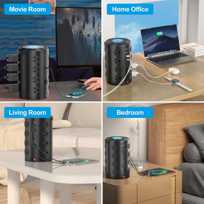 Surge Protector Power Strip,Desk Charging Station with 15W Wireless Charger, Multiple Outlets Charging Station with 16 AC Outlets & 5 USB (2 USB C) Port, for Home, Office, Dorm Room (10FT) - size: 10ft With Wireless Charger