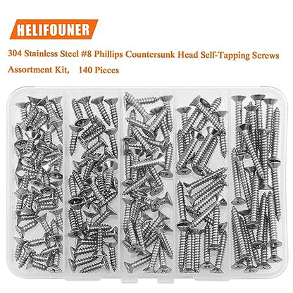 #8 x 1/2" 5/8" 3/4" 1" 1-1/4" Wood Screws Set, HELIFOUNER 140 Pieces Phillips Countersunk Head Self-Tapping Screws Assortment Kit, Phillips Flat Head Wood Screws, 304 Stainless Steel - size: #8