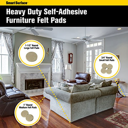Smart Surface 8850 Heavy Duty Self Adhesive Furniture Felt Pads 3/4-Inch, 1-Inch & 1-1/2-Inch Round Oatmeal 144-Piece Value Variety Pack in Resealable Bag
