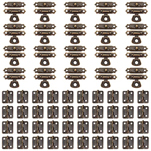 GORGECRAFT 40 Sets Antique Mini Hinges with 20 Set Retro Hasps Latch and 240Pcs Screws Antique Buckles Kit for Wooden Cabinet Case Vintage Jewelry Storage Gift Box Toolbox Decorative Supplies