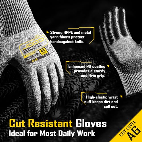 COOLJOB 12/120 Pairs Cut Resistant Safety Work Gloves with Grip, 13 Gauge Seamless Shell with PU Coating, ANSI A2 A4 A6, Gray - size: Medium (Pack of 120), style: Ansi A6 Cut Level