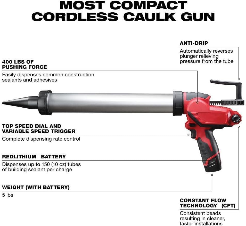 2442-21 Caulking and Adhesive Guns, Caulking Gun for Milwaukee M12 20oz. Aluminum Barrel Sausage Style Caulk/Adhesive Gun Kit