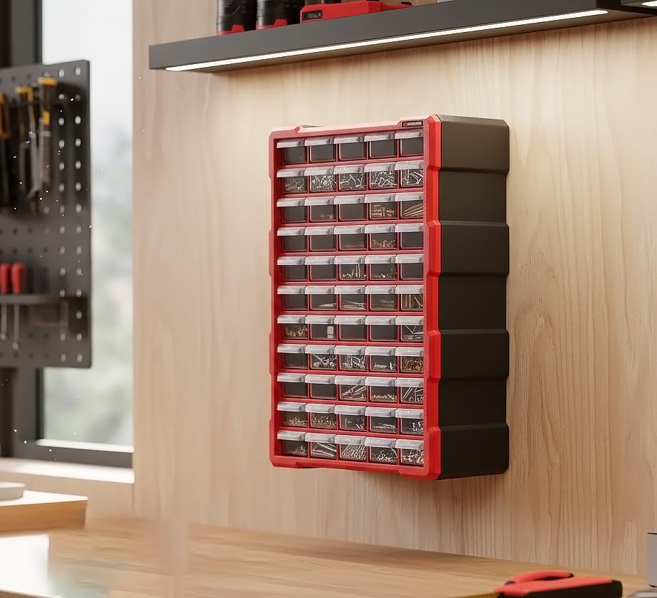 INTERTOOL Small Parts Organizer for Hardware & Screws | 60 Removable Bins with Dividers | Wall Mount or Desktop Craft & Lego Storage Cabinet | 19” x 15” x 7” BX08-4016 - style: 60 Drawers