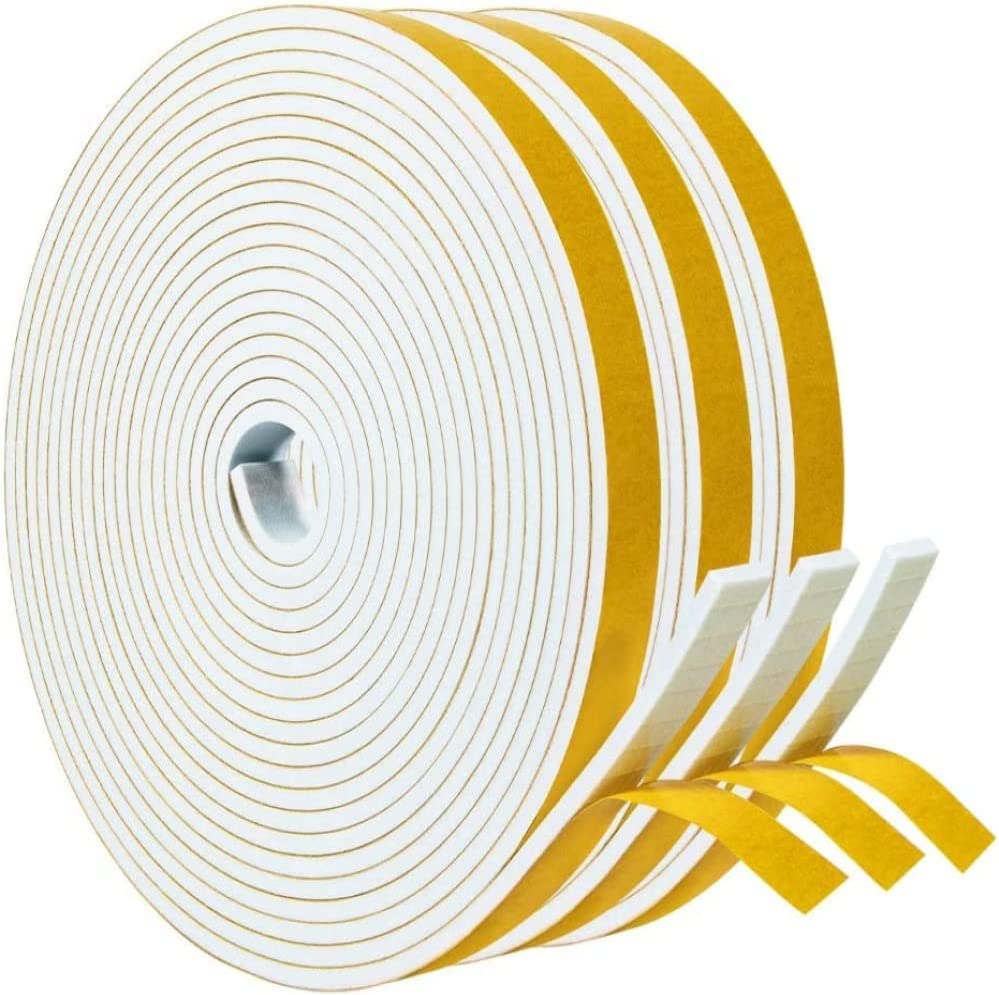 Weather Stripping 1/2" W x 1/8" T, White Foam Tape for Window Door, Adhesive Foam Insulation Tape Reduce Noise Dust Cold Air, 16FT Each x 3 Rolls - size: 1/2"w X 1/8"t