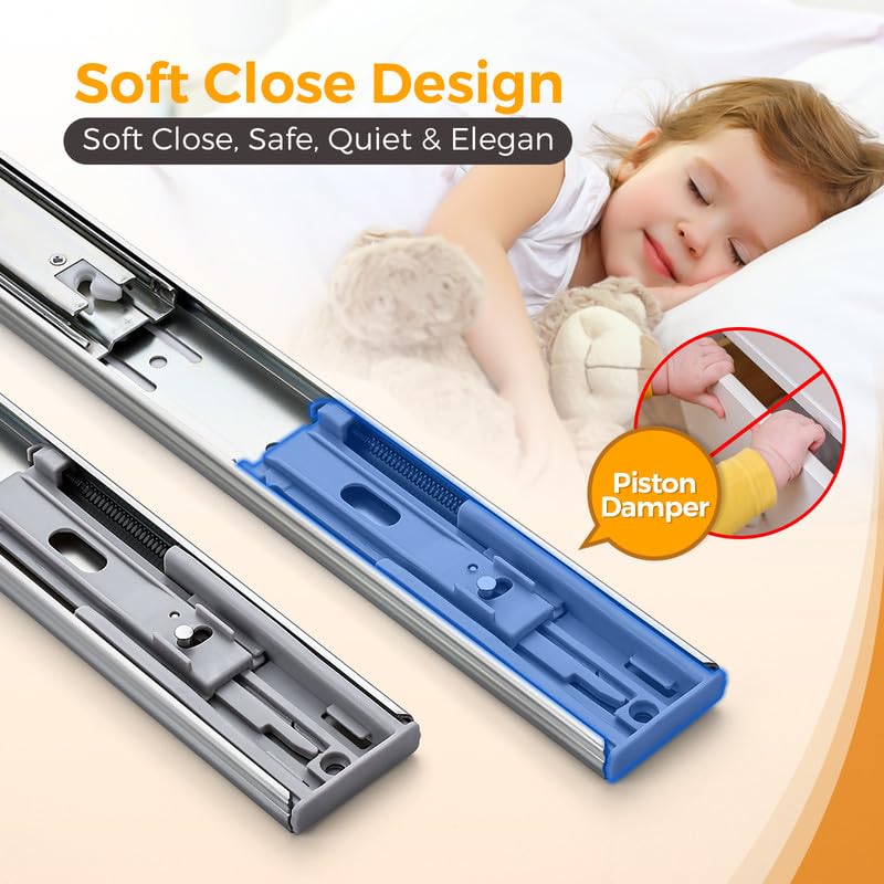 22 Inches Drawer Slides - 1 Pair Soft Close Drawer Slides Heavy Duty Side Mount Ball Bearing Brushed Nickel Drawer Rails with Mounting Brackets, Silver - size: 22 Inch