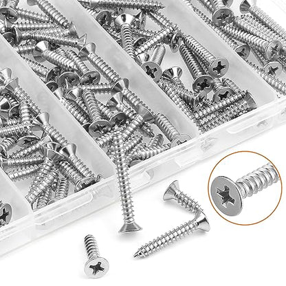 #7 x 1/2" 5/8" 3/4" 1" 1-1/4" Wood Screws Set, HELIFOUNER 160 Pieces Phillips Countersunk Head Self-Tapping Screws Assortment Kit, Phillips Flat Head Wood Screws, 304 Stainless Steel - size: #7