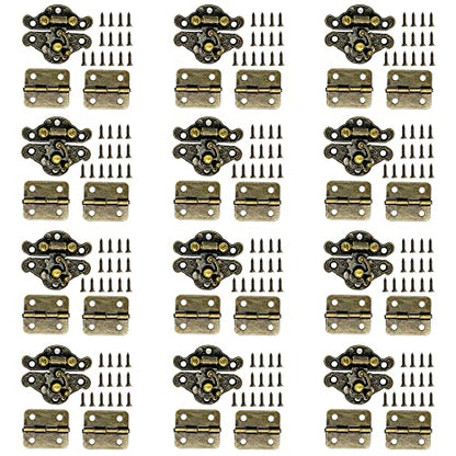 24Pcs Jewelry Box Hinges 12Pcs Antique Latch Hook Hasp Small Box Hardware Decorative Wooden Box Hinges and Latches with Screws DIY for Wood Gift Chest Box Wine Box Storage Box, Bronze Engraved