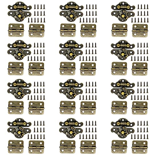 24Pcs Jewelry Box Hinges 12Pcs Antique Latch Hook Hasp Small Box Hardware Decorative Wooden Box Hinges and Latches with Screws DIY for Wood Gift Chest Box Wine Box Storage Box, Bronze Engraved