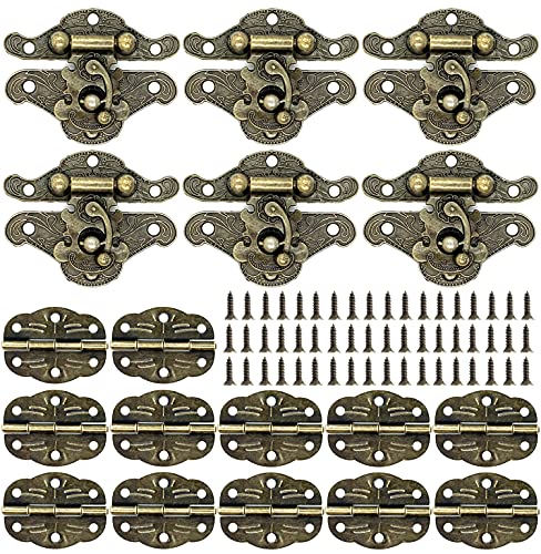 6pcs Retro Design Decorative Cabinet Jewelry Box Antique Buckle Drawer Wooden Case Box Latches Hasp Latch Buckle and 12pcs Vintage Bronze Engraved Designs Hinge and 108 Screws (Lotus Hinge) - style: Lotus Hinge