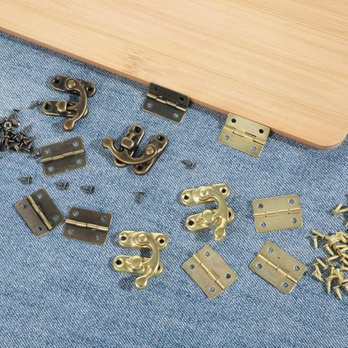 2 Set Retro Design Jewelry Box Hinges and Latches Antique Right Latch Hook and Vintage Hinge Hardware with Matching Screws, Small Hinges for Wooden Boxs Jewelry Ring Box DIY Hand Craft(Bronze, Yellow)