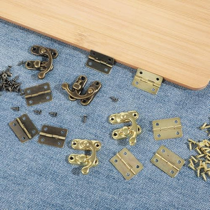 2 Set Retro Design Jewelry Box Hinges and Latches Antique Right Latch Hook and Vintage Hinge Hardware with Matching Screws, Small Hinges for Wooden Boxs Jewelry Ring Box DIY Hand Craft(Bronze, Yellow)