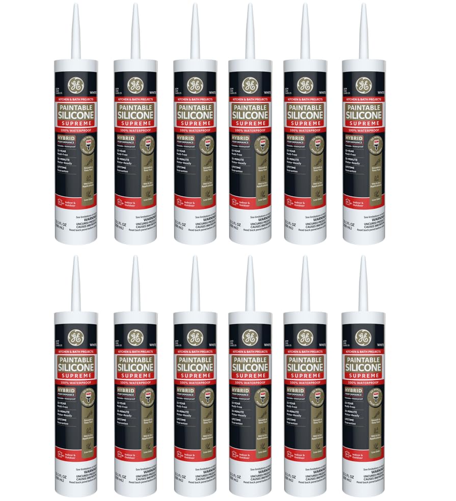 GE Supreme Paintable Silicone Caulk for Kitchen & Bathroom, White, 9.5 fl oz Cartridge, 12 Pack - 100% Waterproof Silicone Sealant, 7X Stronger Adhesion, Shrink & Crack Proof - size: Pack of 12