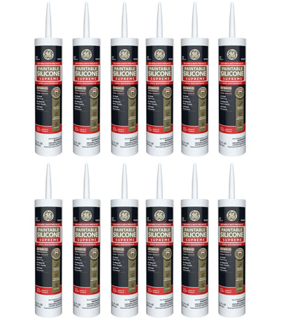 GE Supreme Paintable Silicone Caulk for Kitchen & Bathroom, White, 9.5 fl oz Cartridge, 12 Pack - 100% Waterproof Silicone Sealant, 7X Stronger Adhesion, Shrink & Crack Proof - size: Pack of 12