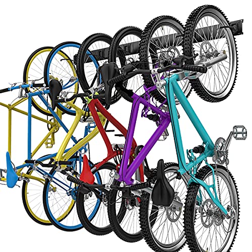 TORACK Bike Storage Rack, 6 Bike Rack Wall Mount Home and Garage Organizer, Vertical Bicycles Hanger Hooks for Indoor Space Saving - size: 48" Rail