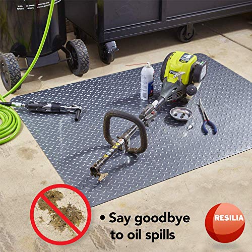 RESILIA Garage Mat, Prevents Stains Decorative Embossed Diamond Plate Pattern Black, 3 Feet x 4 Feet, Made in The USA