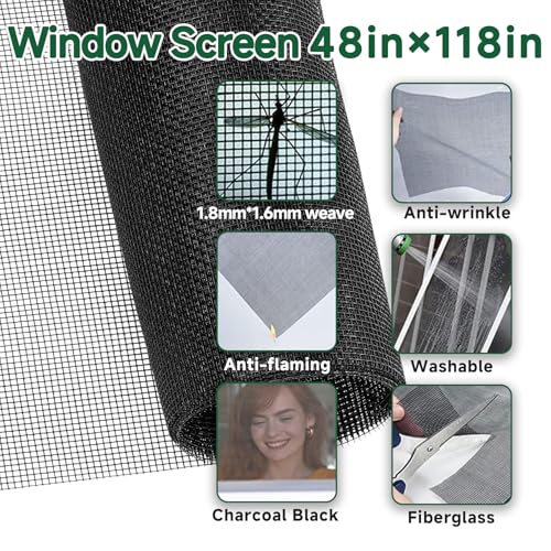 Windows Screen Replacement Kit and Screen Door Repair Kit 48"x118" Durable Fiberglass Mesh Roll with Spline/Roller/Hook/Cutter & Ruler, Sliding Screen Door Replacement for Window & Patio Doors