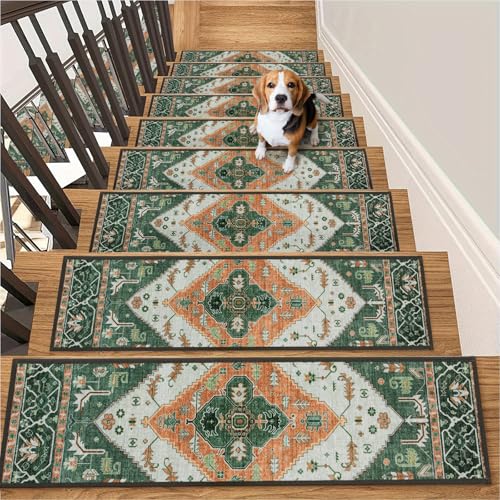 Lahome Non Slip Stair Runner Indoor 15 Pack 8" X 30" Carpet Treads for Wood Stairs, Washable Self Adhesive Stain Resistant Edging Rental Friendly Noise Reducing for Entertainment Area Dorie, Green - color: Green