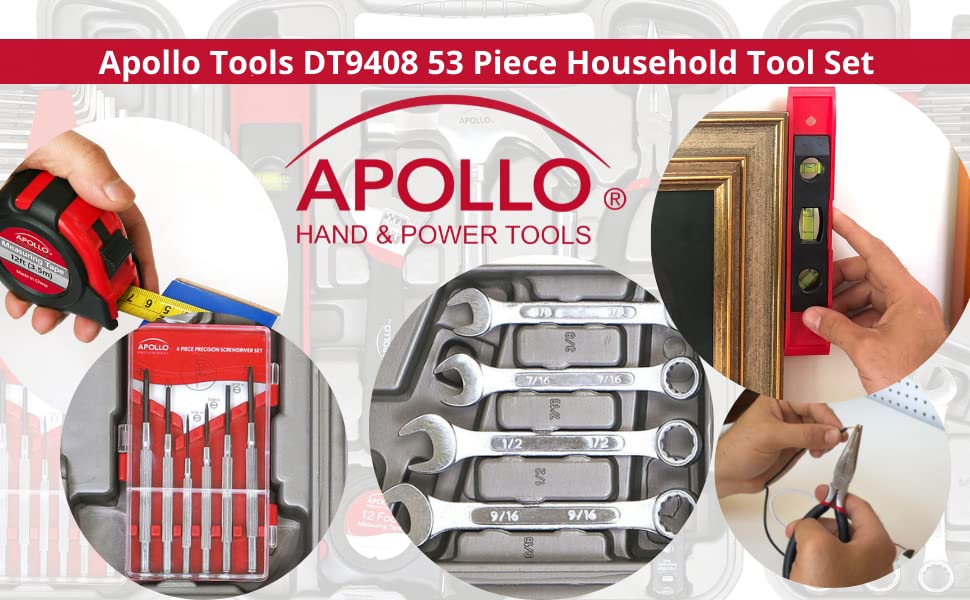 Apollo Tools 53 Piece Home Repair Tool Set with Toolbox Storage Case, Basic Tool Set for General Household Repairs and DIY, Includes Most Useful Hand Tools - Red - size: 53-piece