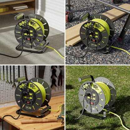 Masterplug 80ft Cord Reel, Retractable Extension Lead with Winding Handle, Safety Overload Circuit Breaker and Power Switch, 4X Grounded Outlets, 13amps, 14AWG Cable - size: 80ft