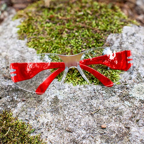 BISON LIFE Clear Safety Glasses – ANSI Z87.1 Scratch & Impact Resistant Wrap Around Eye Protection Goggles for Men & Women - color: Clear/Red
