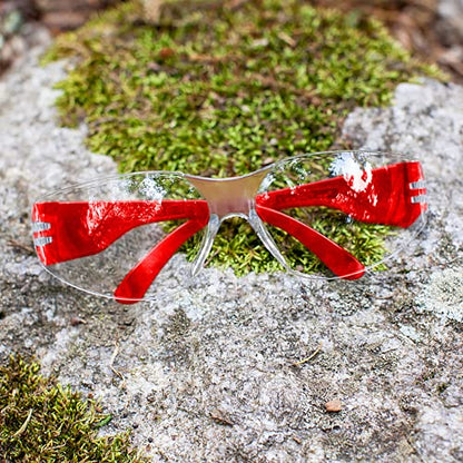 BISON LIFE Clear Safety Glasses – ANSI Z87.1 Scratch & Impact Resistant Wrap Around Eye Protection Goggles for Men & Women - color: Clear/Red