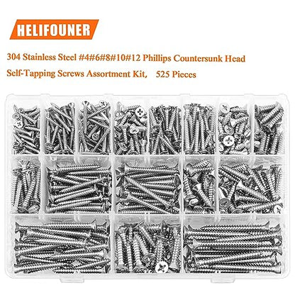 525 Pieces #4#6#8#10#12 Wood Screws Set, HELIFOUNER 16 Sizes Phillips Countersunk Head Self-Tapping Screws Assortment Kit, Phillips Flat Head Wood Screws, 304 Stainless Steel - size: #4#6#8#10#12