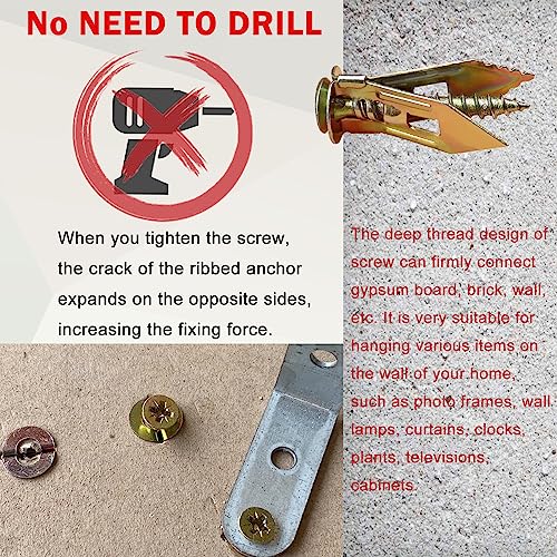 100 PCS Self Drilling Drywall Anchors with Screws Kit - 2 Sizes Sheetrock Anchors & 3 Sizes Zinc Expansion Screws,2025 Upgraded Zinc Plated Steel,No Drill Needed, Holds Up to 66LB on Walls - size: KIT-100PCS