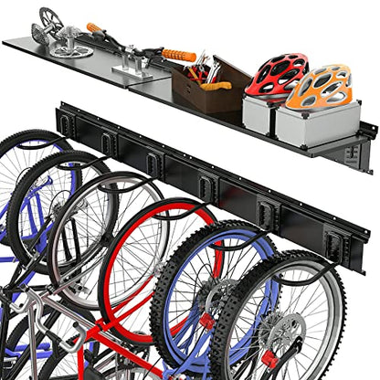 TORACK Wall Mounted Bike Storage Rack with Shelf, 6 Bikes Hangers for Garage, Space Saving Bike Rack Wall Mount, Holds Up to 600 lbs - size: 96" Rail