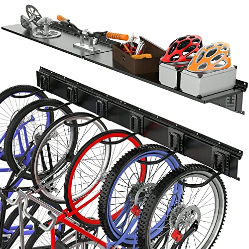 TORACK Wall Mounted Bike Storage Rack with Shelf, 6 Bikes Hangers for Garage, Space Saving Bike Rack Wall Mount, Holds Up to 600 lbs - size: 96" Rail