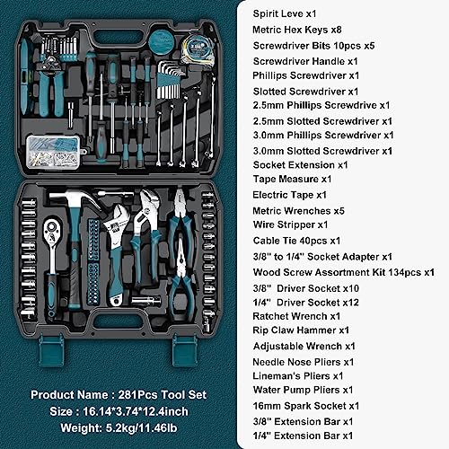 Sundpey Home Tool Kit 281-PCs - Portable Complete Basic Repair General Hand Tool Sets for Men Women - Full Tool Set with Socket Wrench Set & Screwdriver Set & Metric Hex Key & Pliers & Tool Box Case - color: Blue