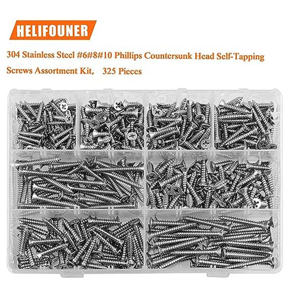 325 Pieces #6#8#10 Wood Screws Set, HELIFOUNER 8 Sizes Phillips Countersunk Head Self-Tapping Screws Assortment Kit, Phillips Flat Head Wood Screws, 304 Stainless Steel - size: #6#8#10