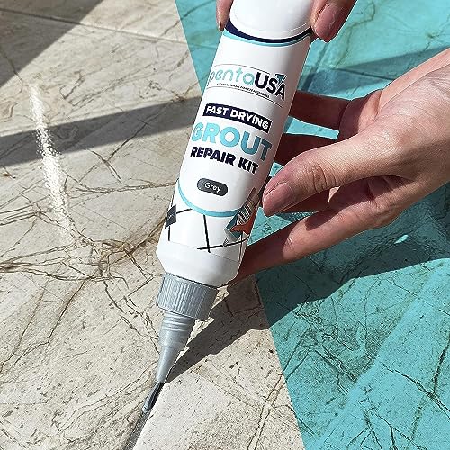 PentaUSA Tile Grout Repair Kit - Premixed Acrylic Sanded Grout for Bathroom, Shower & Kitchen, Water-Resistant Tube with Applicator, Fills Cracks and Gaps in Lines - Gray (8.8oz/250gr) - color: Gray