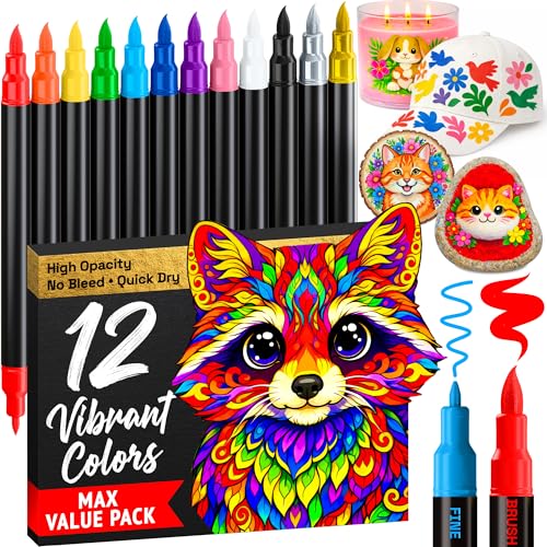 ARTISTRO 12 Acrylic Paint Markers - Paint Pens for Drawing, Brush + Fine Tips - For Fabric, Rock, Glass, Wood, DIY - Art & Craft Supplies for Adults, Teens, Kids - Teacher Appreciation Gift - style: Multicolor