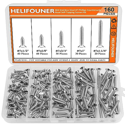 #7 x 1/2" 5/8" 3/4" 1" 1-1/4" Wood Screws Set, HELIFOUNER 160 Pieces Phillips Countersunk Head Self-Tapping Screws Assortment Kit, Phillips Flat Head Wood Screws, 304 Stainless Steel - size: #7