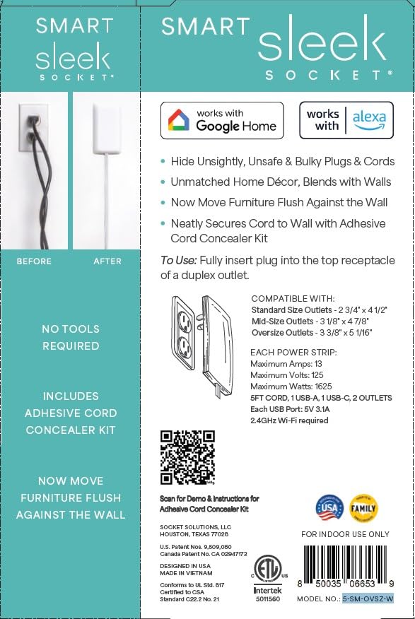 Smart Sleek Socket: Universal Outlet Concealer with Wi-Fi Smart Power Strip - size: 5ft - Smart, style: Standard Outlet