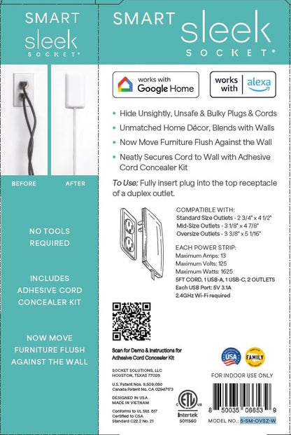 Smart Sleek Socket: Universal Outlet Concealer with Wi-Fi Smart Power Strip - size: 5ft - Smart, style: Standard Outlet