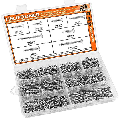 325 Pieces #6#8#10 Wood Screws Set, HELIFOUNER 8 Sizes Phillips Countersunk Head Self-Tapping Screws Assortment Kit, Phillips Flat Head Wood Screws, 304 Stainless Steel - size: #6#8#10