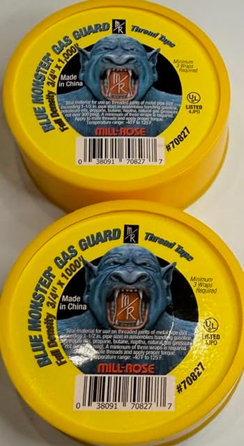 Two Pack - 1/2" Gas Guard PTFE Thread Seal Tape, Yellow, 1/2 Inch x 260 Inch PTFE Gas Line Thread Tape, 70826 Gas, Propane, and Butane Thread sealant Tape Yellow Gas Sealant Tape for Plumbing