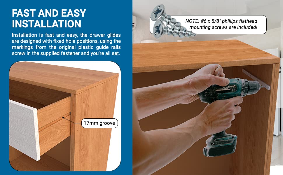 5 Pairs of Rok Hardware Side Mounted 11-1/4" (285.5mm) Screw-On, Plastic Drawer Rails/Guide Rails with 3/4" Extension, for Drawers with 21/32" (17mm) Groove, White Finish, D10751034