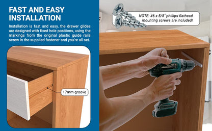 5 Pairs of Rok Hardware Side Mounted 11-1/4" (285.5mm) Screw-On, Plastic Drawer Rails/Guide Rails with 3/4" Extension, for Drawers with 21/32" (17mm) Groove, White Finish, D10751034